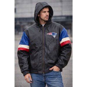 Vintage 90’s New England Patriots NFL Faux Leather Hooded Jacket Game Day XL